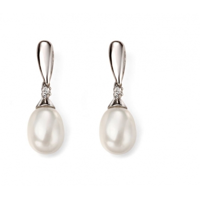 9ct White Gold Tear Fresh Water Pearl and Diamond Drop Earring GE2075W