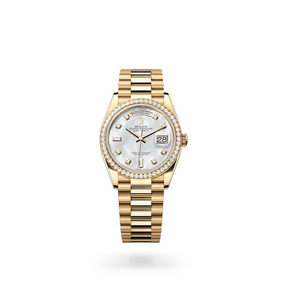 Rolex Day-Date 36 watch in Gold and Gem-set dial, Light dial at John Pass, official Rolex retailer. Ref: M128348RBR-0017, full image