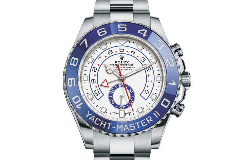 Rolex Yacht-Master II watch in Oystersteel and Light dial at John Pass, official Rolex retailer. Ref: M116680-0002, details