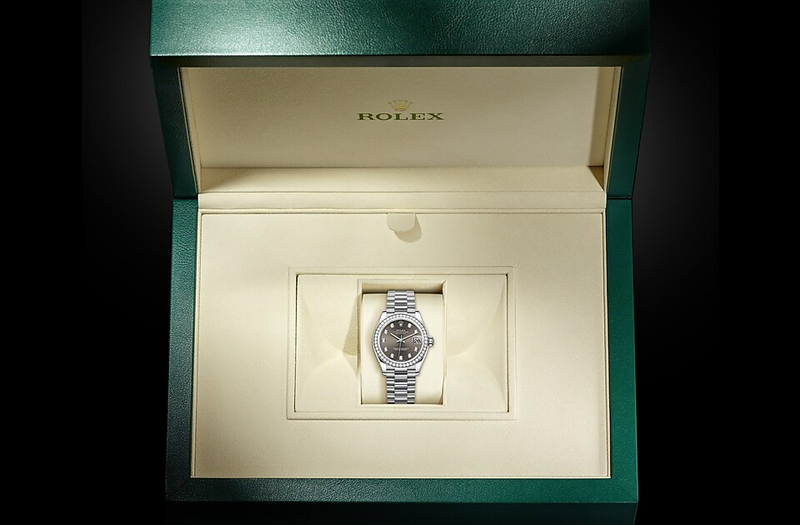 Rolex Datejust 31 watch in Gold and Dark dial, Gem-set dial at John Pass, official Rolex retailer. Ref: M278289RBR-0006, in box