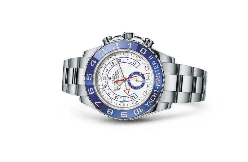 Rolex Yacht-Master II watch in Oystersteel and Light dial at John Pass, official Rolex retailer. Ref: M116680-0002, on side