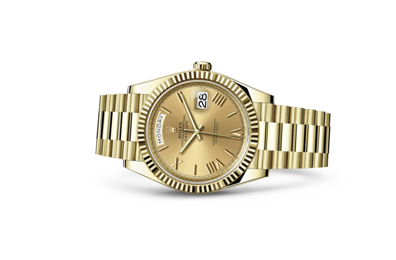 Rolex Day-Date 40 watch in Gold and Coloured dial at John Pass, official Rolex retailer. Ref: M228238-0006, on side