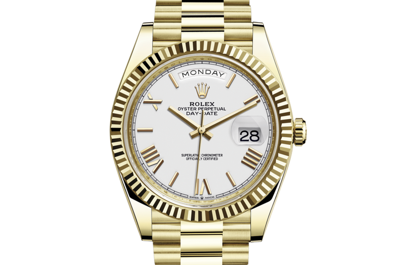 Rolex Day-Date 40 watch in Gold and Light dial at John Pass, official Rolex retailer. Ref: M228238-0042, details
