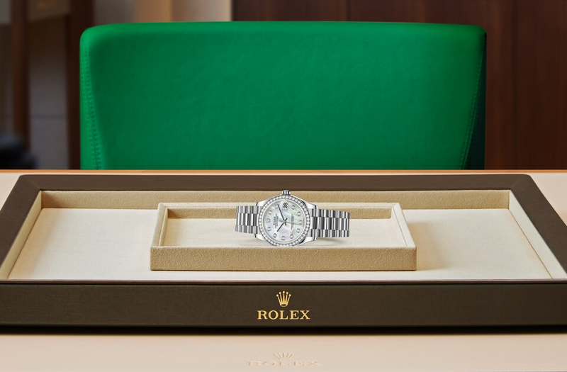 Rolex Datejust watch in Gold and Gem-set dial, Light dial at John Pass, official Rolex retailer. Ref: M278289RBR-0005, on tray
