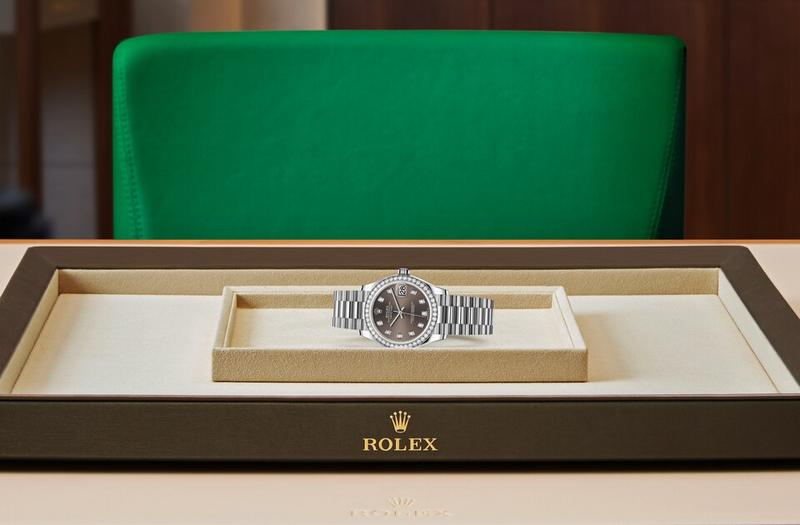 Rolex Datejust 31 watch in Gold and Dark dial, Gem-set dial at John Pass, official Rolex retailer. Ref: M278289RBR-0006, on tray