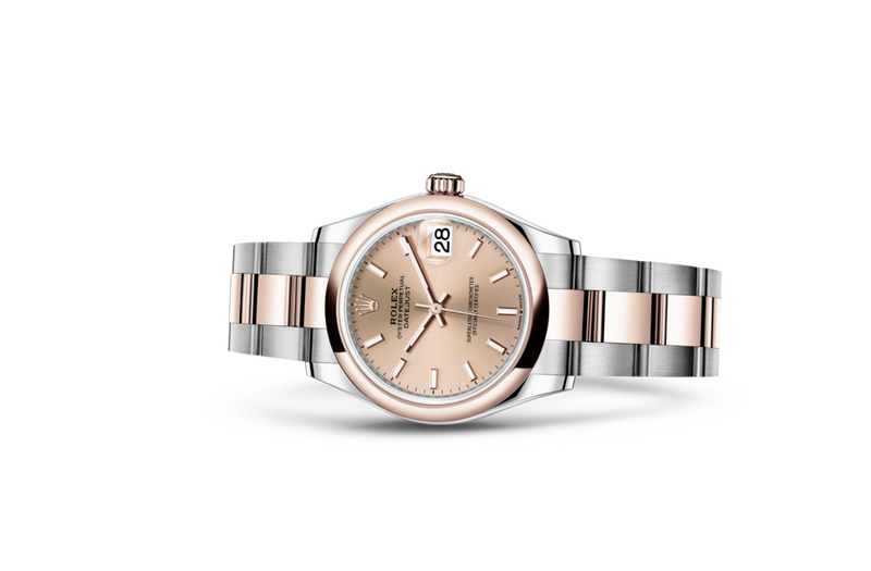 Rolex Datejust 31 watch in Oystersteel and gold and Coloured dial at John Pass, official Rolex retailer. Ref: M278241-0009, on side