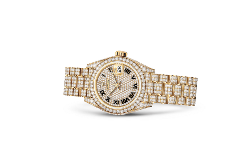Rolex Lady-Datejust watch in Gold and Gem-set dial, Diamond paved dial at John Pass, official Rolex retailer. Ref: M279458RBR-0001, on side