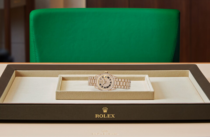 Rolex Lady-Datejust watch in Gold and Gem-set dial, Diamond paved dial at John Pass, official Rolex retailer. Ref: M279458RBR-0001, on tray