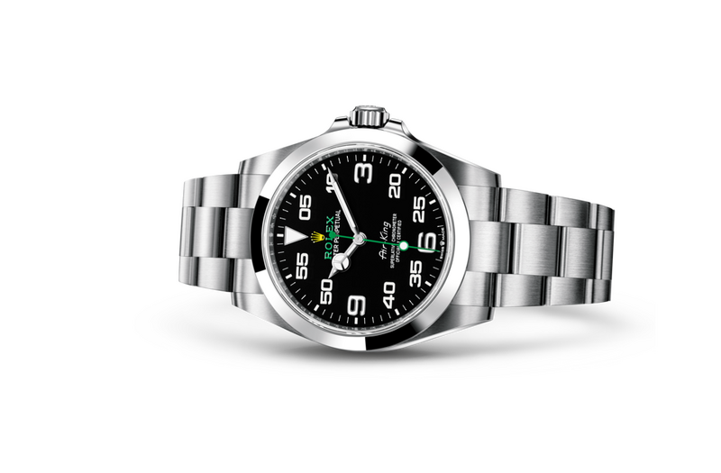 Rolex Air-King watch in Oystersteel and Dark dial at John Pass, official Rolex retailer. Ref: M126900-0001, on side